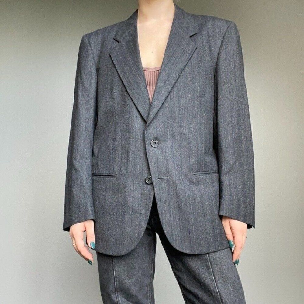 Vintage Givenchy Dark Gray Striped Oversized Wool Blazer Preppy Sport Coat 40R - Picture 7 of 11